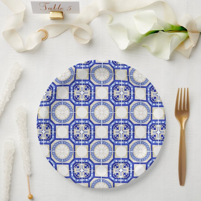 Plato De Papel Mediterranean Italy Blue Tiles Bridal Shower  (Boda)