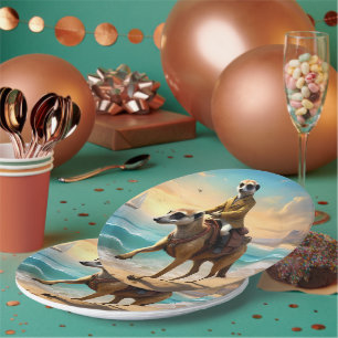 Plato De Papel Meerkat Jockey Sobre Un Caballo De Meerkat,