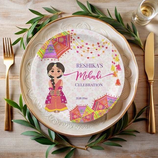 Plato De Papel Mehndi lindo paraguas de novia indio (Mehndi cute Indian bride umbrellas personalized Paper Plates Indian wedding mehndi table decor)