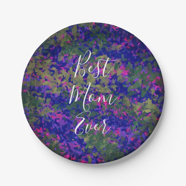 Plato De Papel Mejor Mamá Pintada Floral De Jardín Azul Morado (Anverso)