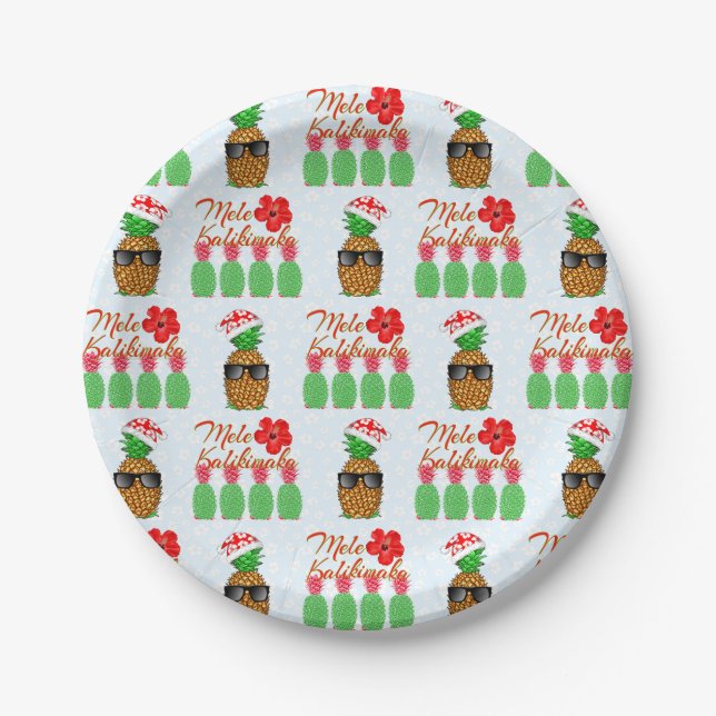 Plato De Papel Mele Kalikimaka Hawaiana Piña Feliz Navidad (Anverso)
