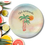Plato De Papel Mele Kalikimaka Palmeras<br><div class="desc">Estas placas de papel de estilo isleño cuentan con palmeras dibujadas a mano y decoradas con luces sobre un fondo acuático. Porque creamos nuestra propia obra de arte no encontrarás esta imagen exacta de otros diseñadores. Acuarela original © Michele Davies.</div>
