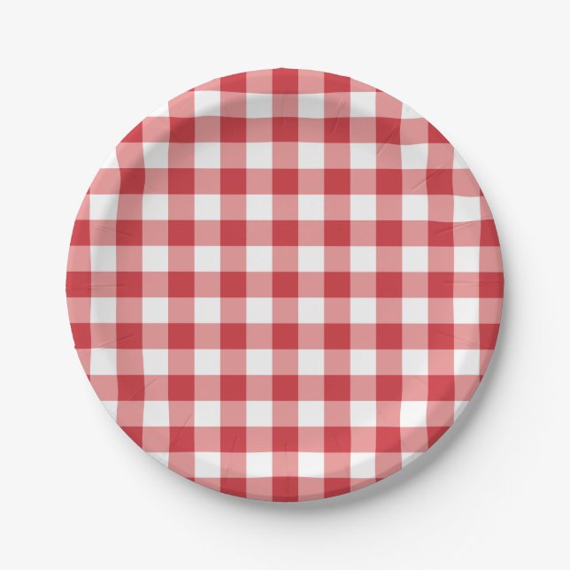 Plato De Papel Mellow Classic Gingham - red white check plaid. (Anverso)