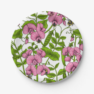 Plato De Papel Melocotones y abejorros, rosa, verde y blanco