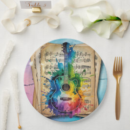 Plato De Papel Melodía colorida: Guitarra pintada sobre música vi