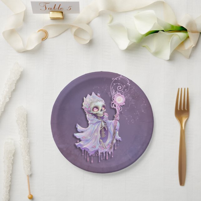 Plato De Papel Melodías mágicas del lindo esqueleto morado. (Boda)