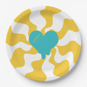 Plato De Papel Melt cardíaco - turquesa y amarillo