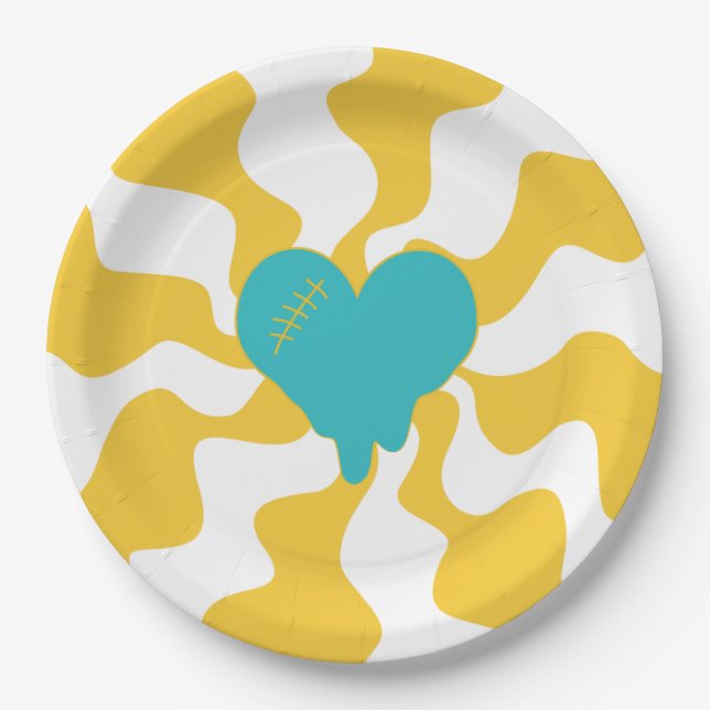 Plato De Papel Melt cardíaco - turquesa y amarillo (Anverso)