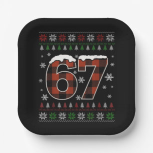 Plato De Papel Meme Divertido de Navidad “67” – Cuadros Rojos y V