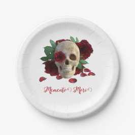 Plato De Papel Memento Mori. Cráneo con rosas rojas
