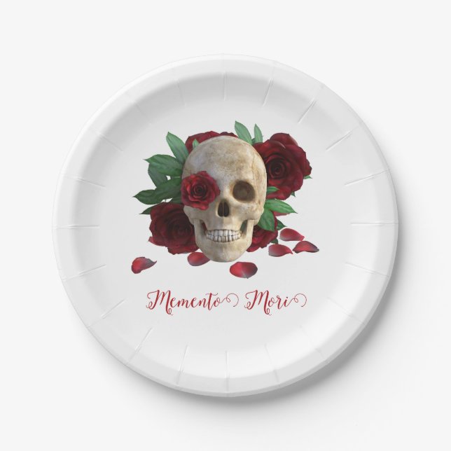 Plato De Papel Memento Mori. Cráneo con rosas rojas (Anverso)