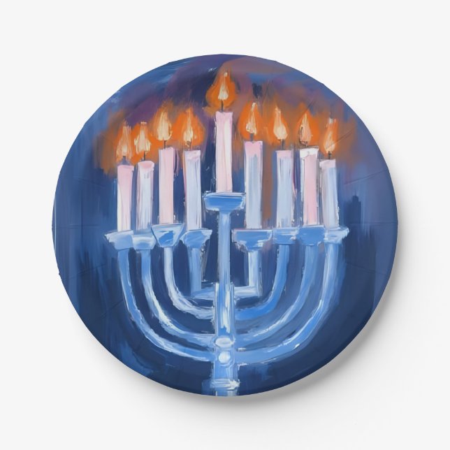 Plato De Papel Menorá Azul Hanukkah Acuarela Fiesta (Anverso)