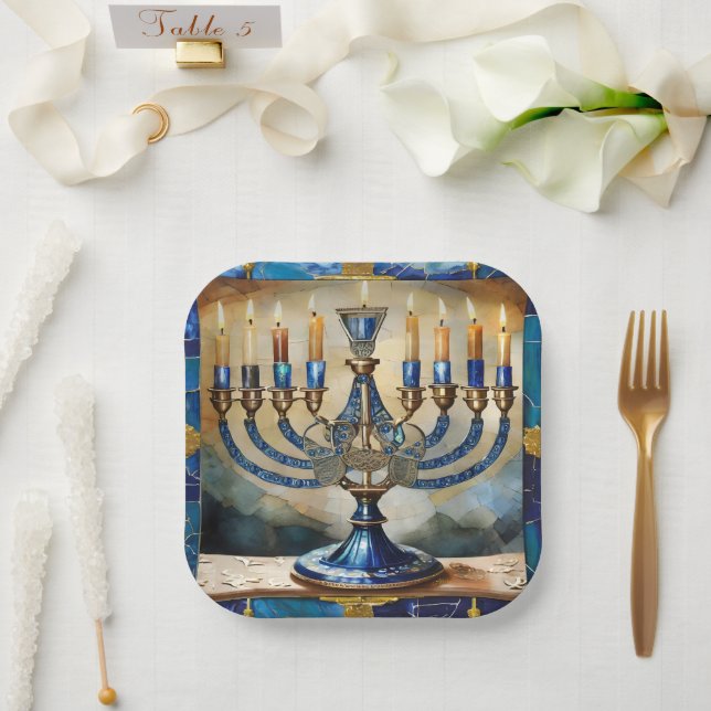Plato De Papel Menorá de Janucá Azul (Boda)