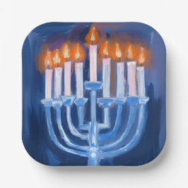 Plato De Papel Menorah Azul Hanukkah Acuarela Fiesta