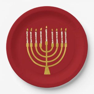 Plato De Papel Menorah Hanukkah Candle Celestial Ruby Rojo
