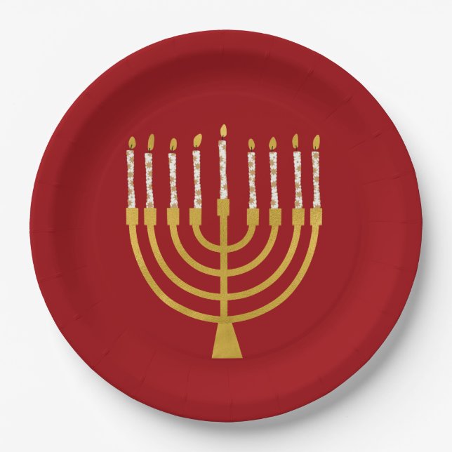Plato De Papel Menorah Hanukkah Candle Celestial Ruby Rojo (Anverso)