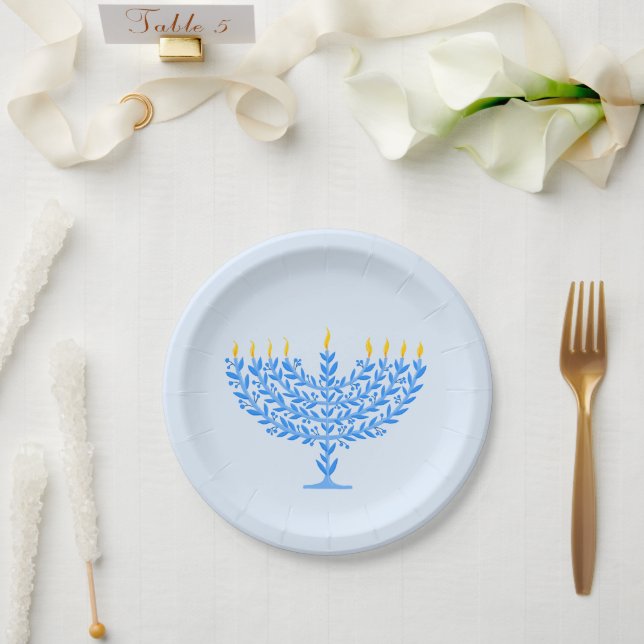 Plato De Papel Menorah Hanukkah ilustrado (Boda)