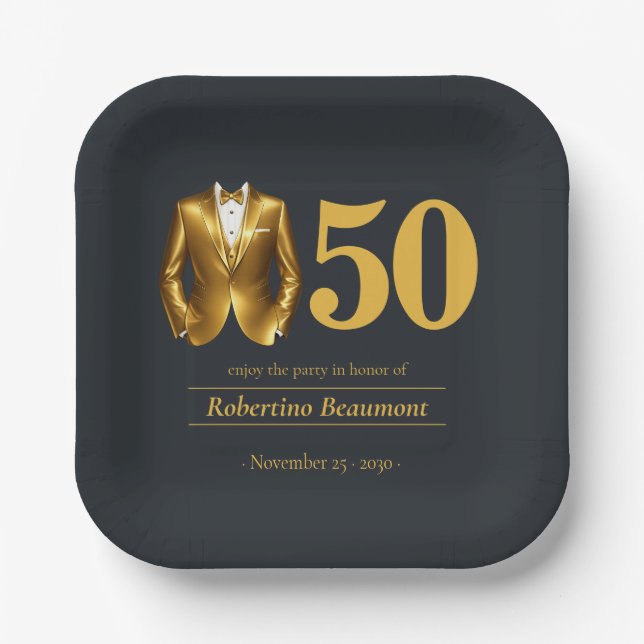 Plato De Papel Men's Elegant Tuxedo Gold Black 50th Birthday (Anverso)