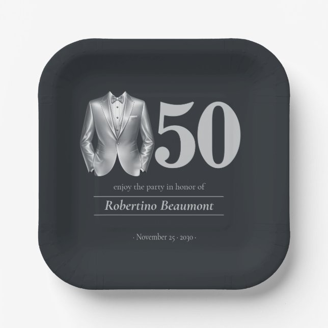 Plato De Papel Men's Elegant Tuxedo Silver Black 50th Birthday (Anverso)