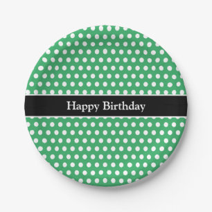 Plato De Papel Mensaje de cumpleaños feliz Polka Punto verde y bl