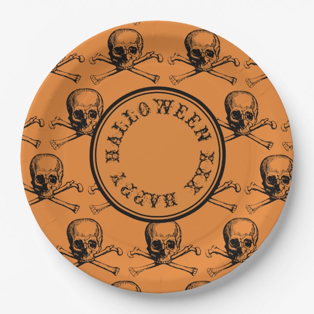 Plato De Papel Mensaje personalizado de naranja Skull Halloween (Anverso)