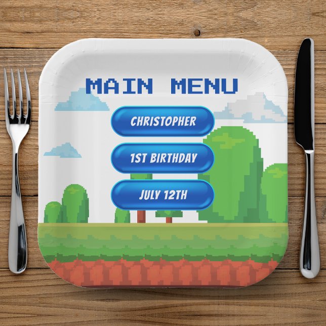 Plato De Papel Menú Retro de Videojuegos Primer Fiesta de Cumplea (Retro Video Game Menu 1st Birthday Party Paper Plates
)