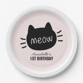 Plato De Papel Meow Black Cat Face Chica rosado Cumpleaños