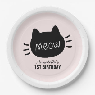 Plato De Papel Meow Black Cat Face Chica rosado Cumpleaños