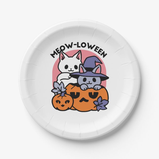 Plato De Papel Meow-Loween - Diseño de felinos Halloween (Anverso)