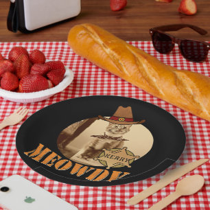 Plato De Papel Meowdy Texan Cat Cowboy Sheriff Personalizado