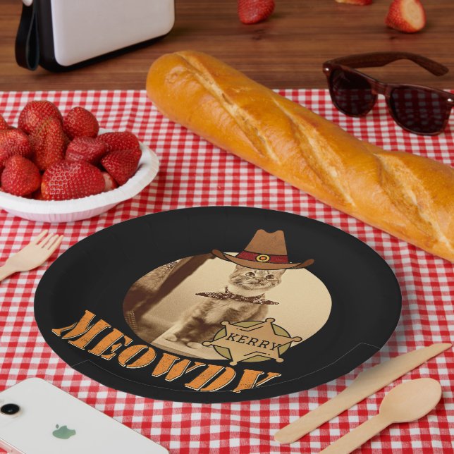 Plato De Papel Meowdy Texan Cat Cowboy Sheriff Personalizado (Picnic)