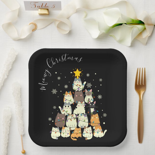 Plato De Papel Meowy Navidades Merry Cat Tree (Boda)