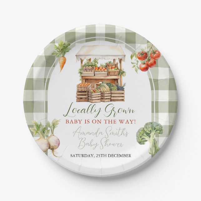 Plato De Papel Mercado fresco local Baby Shower Gingham (Anverso)