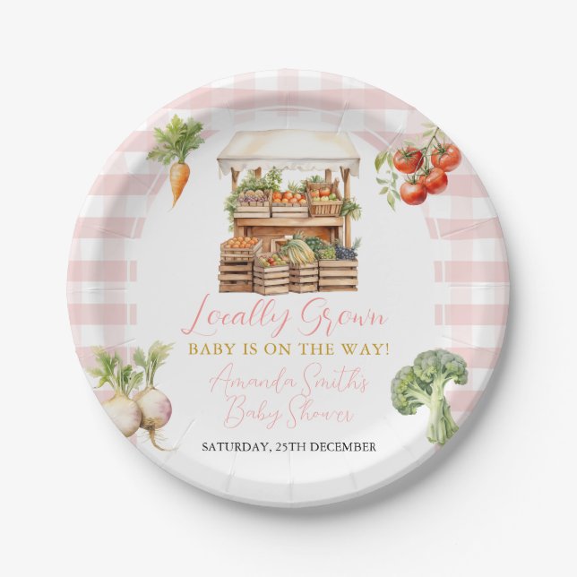 Plato De Papel Mercado fresco local Baby Shower Gingham (Anverso)