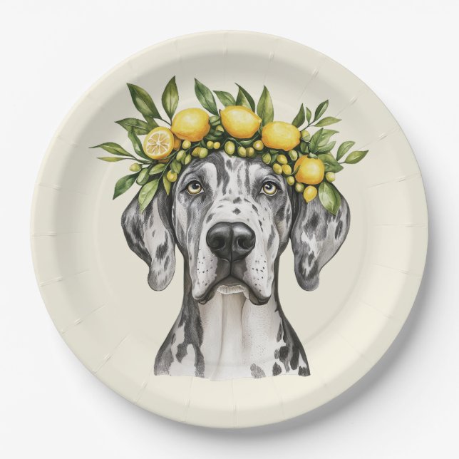 Plato De Papel Merle Great Dane Dog Lemon Crown (Anverso)