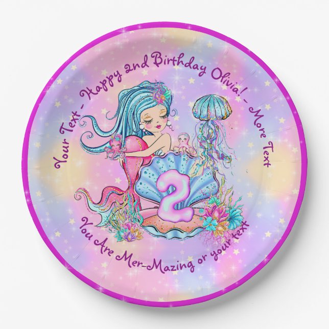Plato De Papel Mermaid 2º cumpleaños Cambio Editar Texto Personal (Anverso)