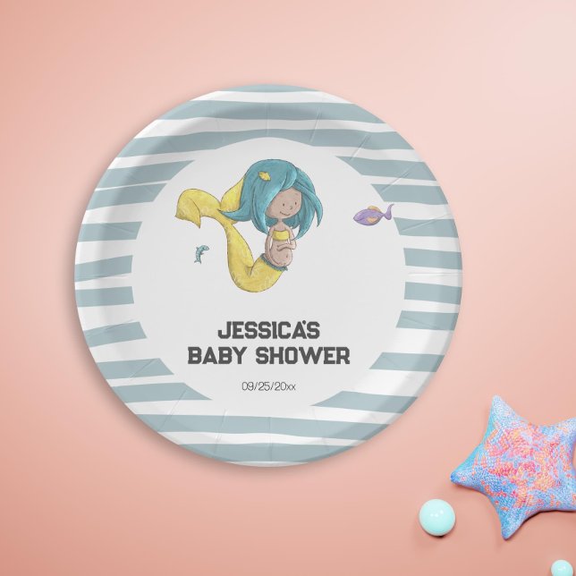 Plato De Papel Mermaid Amarillo cola Embarazada Mermaid Bebé duch (Cute Pregnant Mermaid Baby Shower Party Paper Plates by Kinda Cute by Patricia Alvarez)
