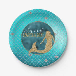 Plato De Papel Mermaid Aqua Gold Sparkke Purpurina