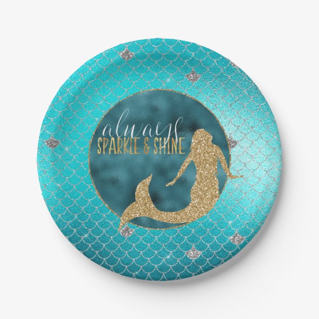 Plato De Papel Mermaid Aqua Gold Sparkke Purpurina (Anverso)