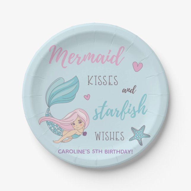 Plato De Papel Mermaid besa estrellas y desea feliz cumpleaños (Anverso)