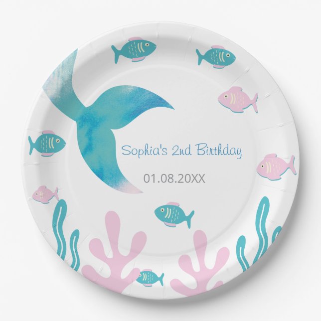 Plato De Papel Mermaid Fish Pastel Pink Blue Birthday  (Anverso)