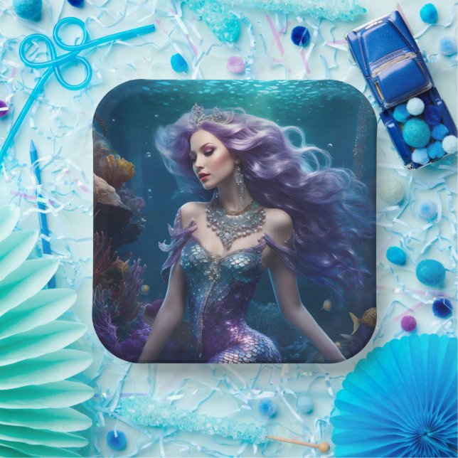 Plato De Papel Mermaid Purple Hair (Fiesta)