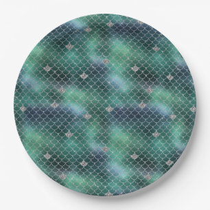 Plato De Papel Mermaid Silver Verde azulado Ocean Glitz