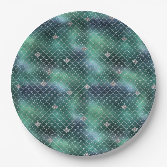 Plato De Papel Mermaid Silver Verde azulado Ocean Glitz (Anverso)