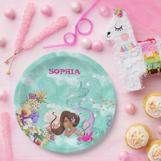 Plato De Papel Mermaid Starfish Pelo Oscuro Cute Napkins Personal (Fiesta)