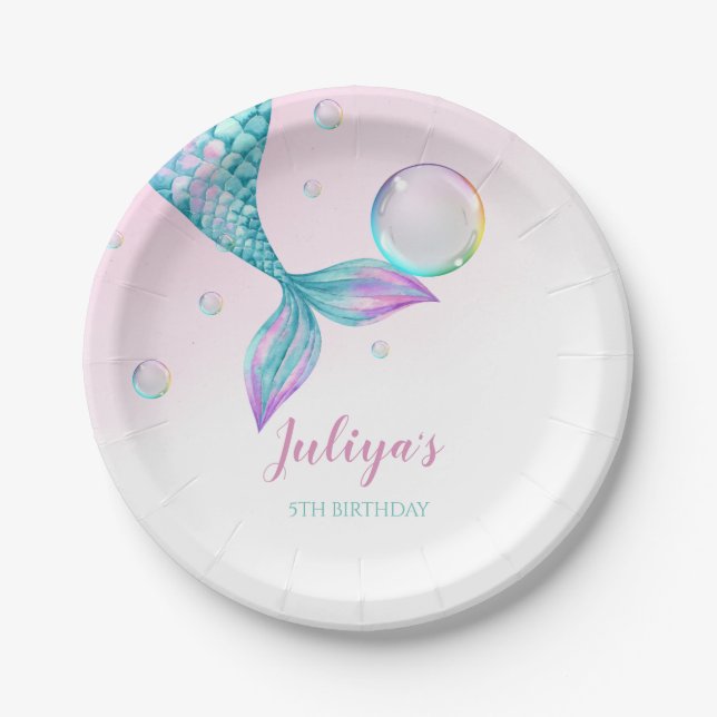 Plato De Papel Mermaid Tail con burbujas Cumpleaños (Anverso)