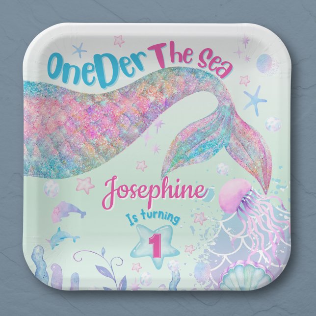 Plato De Papel Mermaid watercolor first birthday square (Subido por el creador)