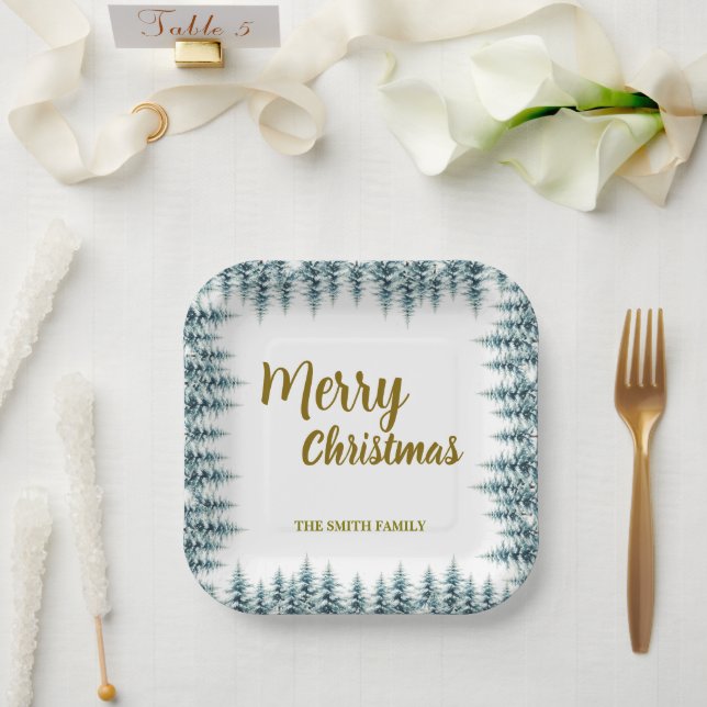 Plato De Papel Merry and Bright pine tree forest Christmas (Boda)