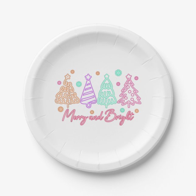 Plato De Papel Merry and Bright Tree Neon Christmas (Anverso)