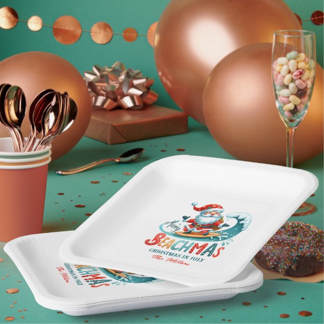Plato De Papel Merry Beachmas Santa Surfing Retro Design (Multi)